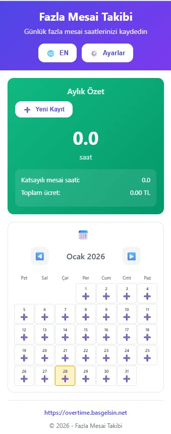 Overtime uygulamasının aylık mesai özeti ve günlük kayıt takvimi